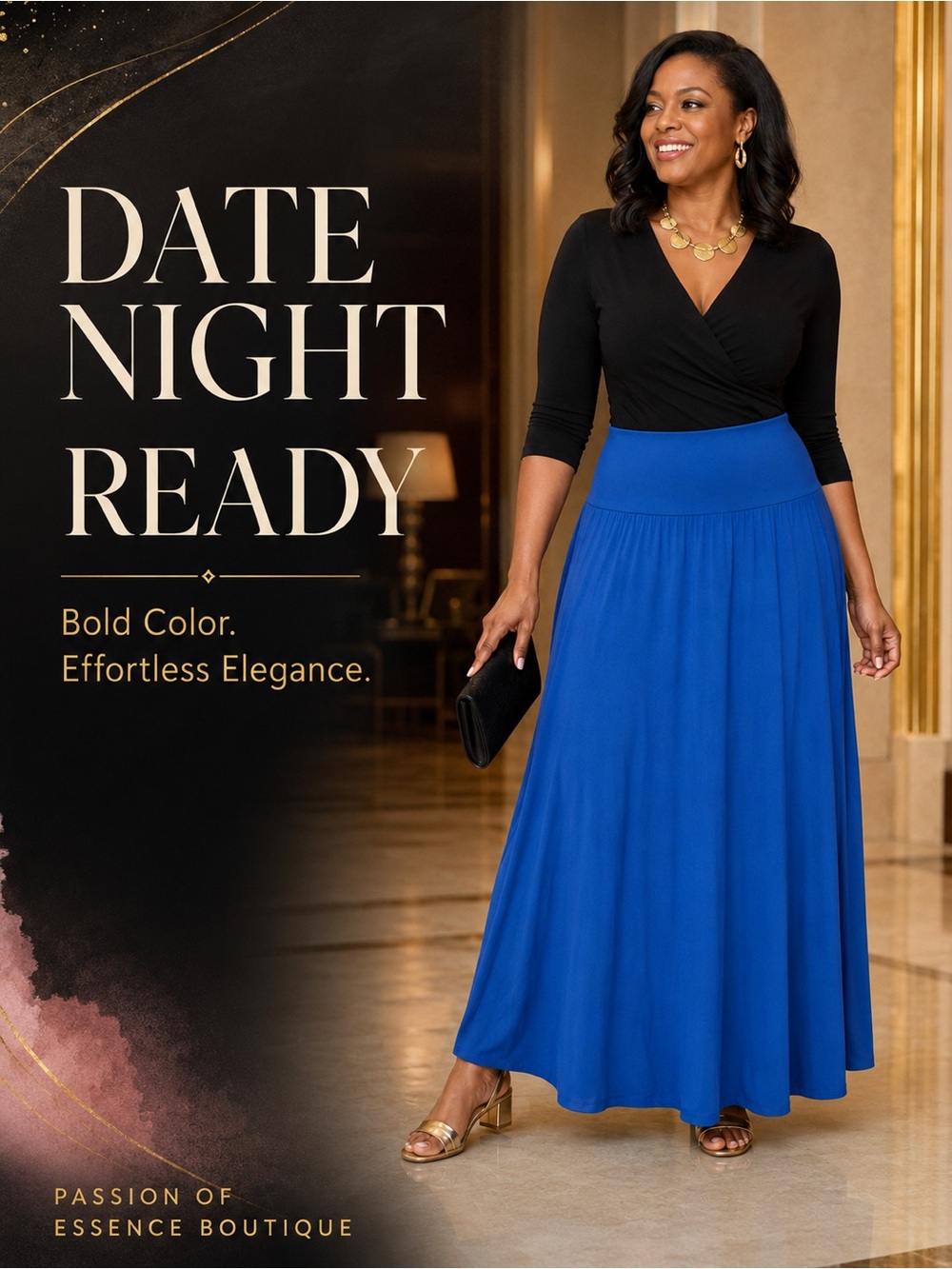 Royal Blue Fold-Over Waist Flowy A-Line Maxi Skirt - Picture 11 of 15